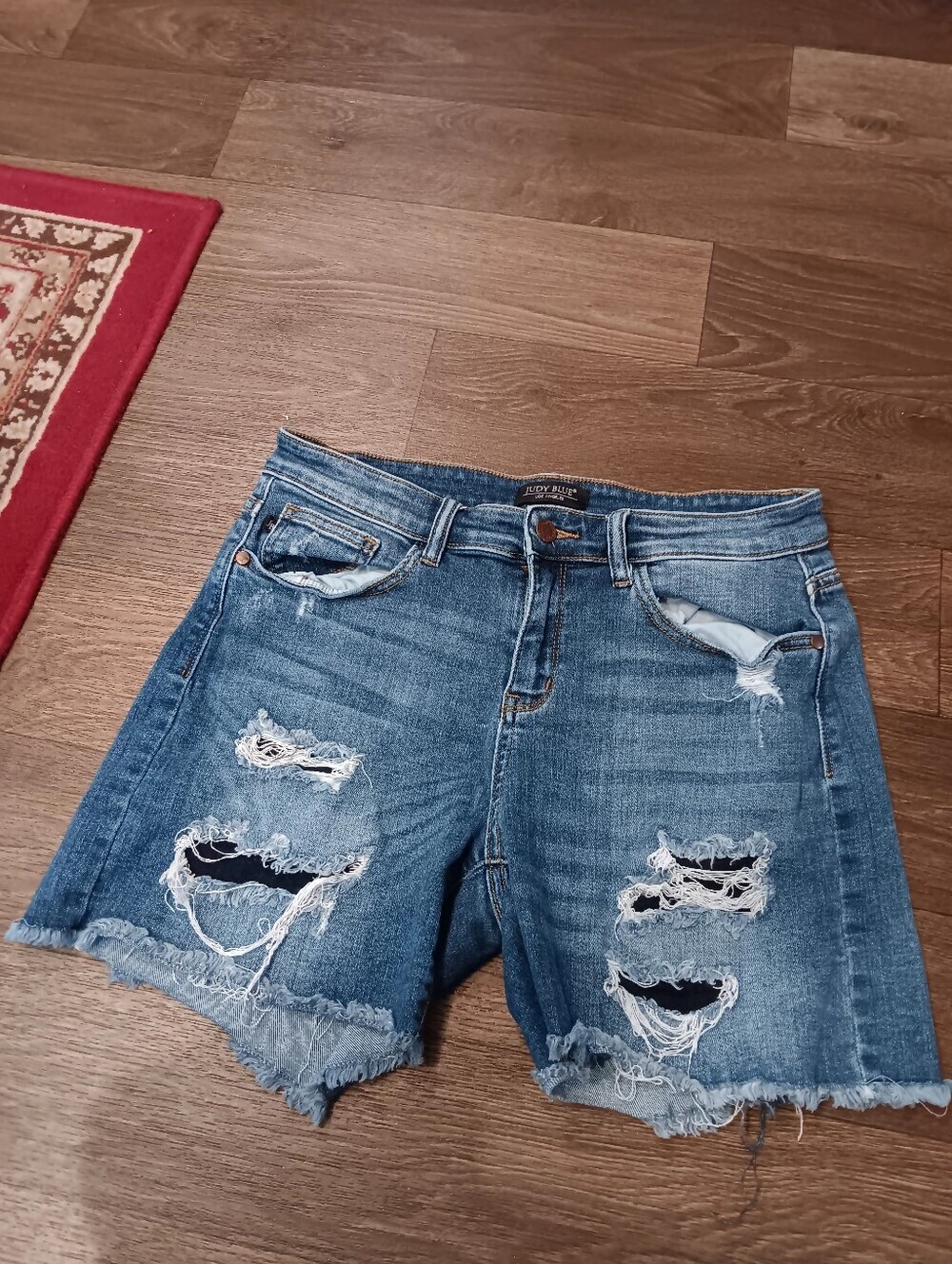 Judy Blue Distressed Mid-Blue Denim Shorts